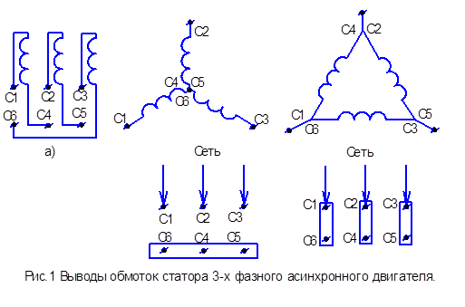 Схемы соединения обмоток трехфазного электродвигателя