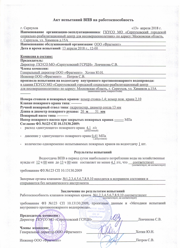 Акт гидравлического испытания противопожарного водопровода образец