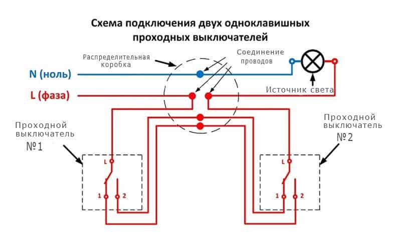 Пошаговое руководство для самостоятельного подключения 2-х проходных и перекидного выключателей света с 2-х и 3-х мест Схемы, ошибки, недостатки Соединения в распаечной коробке