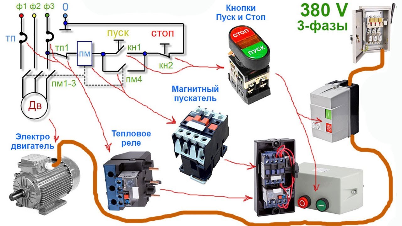 Схема подключения контактора 220в: подключение электромагнитного пускателя через кнопку пуск стоп